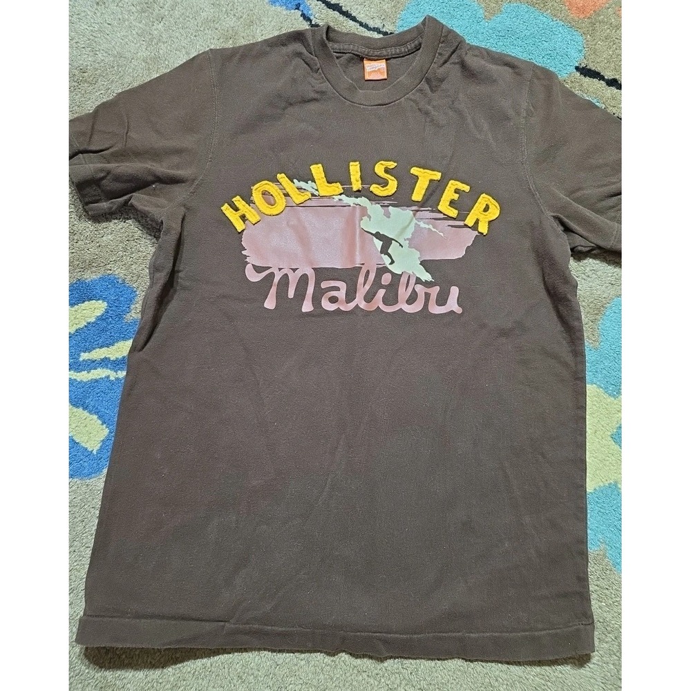 Y2K Hollister Mens Small Embroidered T-Shirt Y2K Surf Malibu Beach Mall Brown
